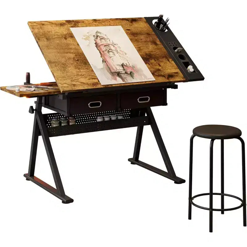 Adjustable Height Drafting Table, 2 Storage Drawers & Stool, Multipurpose Artist Desk, for Home, Office