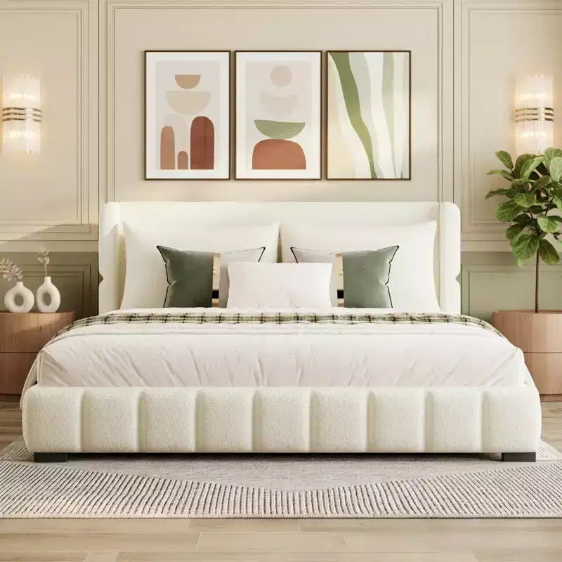 Polibi Upholstered Platform Bed with 2 Soft Pillows