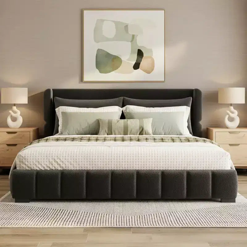 Polibi Upholstered Platform Bed with 2 Soft Pillows