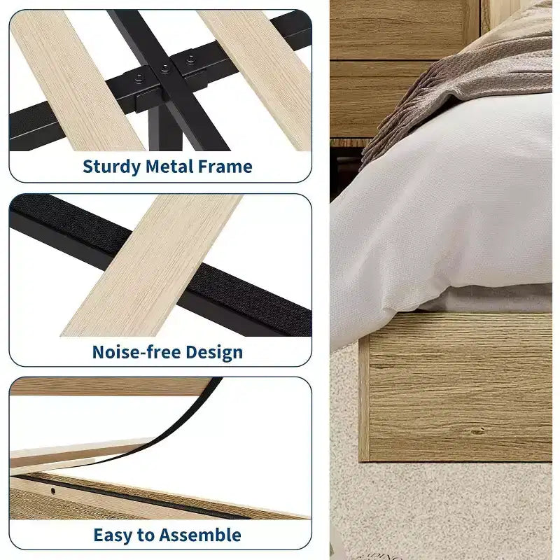 Modern Minimalist Sturdy Wood Platform Bed Frame, Sturdy Wooden Slats, Noise-Free, Space-Saving, No Headboard, Easy Assembly, No Box Season Needed