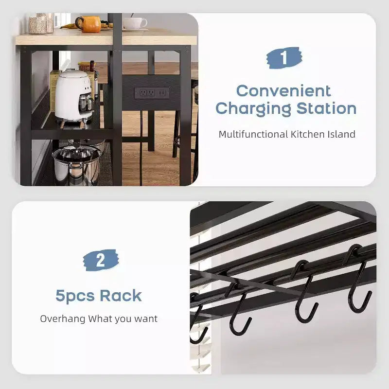 Kitchen Island with Power Outlet, Kitchen Island Table with Baker's Rack and Microwave Shelf, Coffee Bar with 3-Tier Shelves, 5 Hooks,for Dining Room