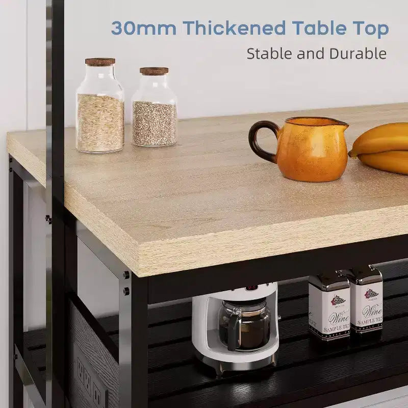 Kitchen Island with Power Outlet, Kitchen Island Table with Baker's Rack and Microwave Shelf, Coffee Bar with 3-Tier Shelves, 5 Hooks,for Dining Room