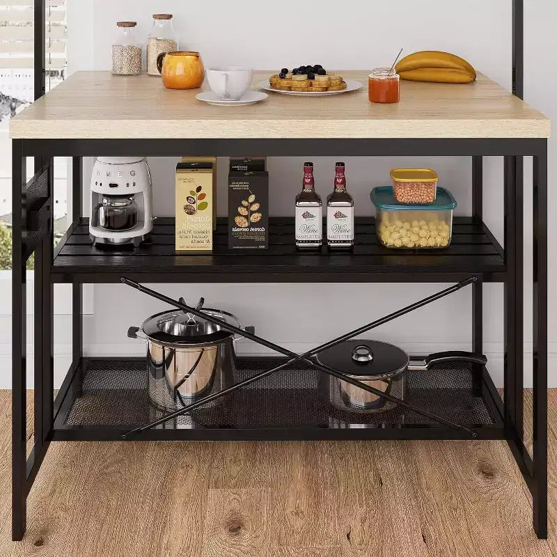 Kitchen Island with Power Outlet, Kitchen Island Table with Baker's Rack and Microwave Shelf, Coffee Bar with 3-Tier Shelves, 5 Hooks,for Dining Room