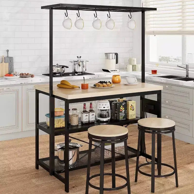 Kitchen Island with Power Outlet, Kitchen Island Table with Baker's Rack and Microwave Shelf, Coffee Bar with 3-Tier Shelves, 5 Hooks,for Dining Room