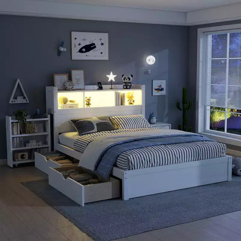 GDFStudio Craigie Modern Wood Bed with Drawers and Storage Headboard