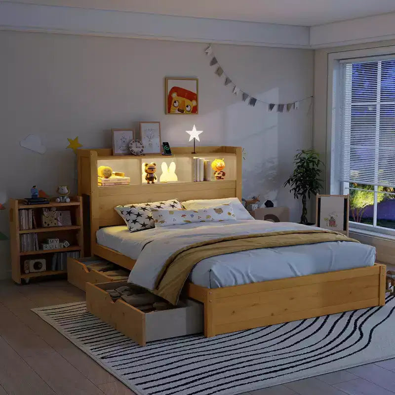 GDFStudio Craigie Modern Wood Bed with Drawers and Storage Headboard