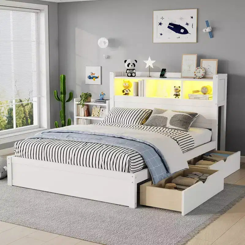 GDFStudio Craigie Modern Wood Bed with Drawers and Storage Headboard