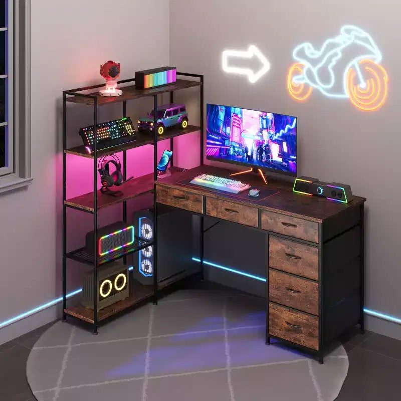 Garvee L-Shaped Desk with 6 Drawers, RGB Lights, Reversible Design, Built-in Power Strip, Ample Storage, Sturdy Metal Frame