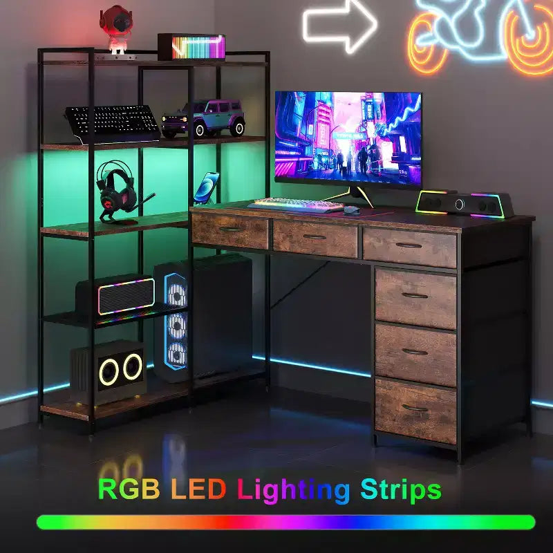 Garvee L-Shaped Desk with 6 Drawers, RGB Lights, Reversible Design, Built-in Power Strip, Ample Storage, Sturdy Metal Frame