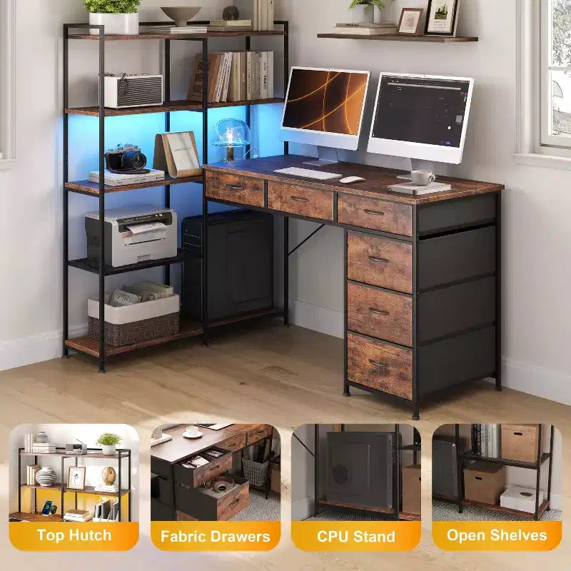 Garvee L-Shaped Desk with 6 Drawers, RGB Lights, Reversible Design, Built-in Power Strip, Ample Storage, Sturdy Metal Frame