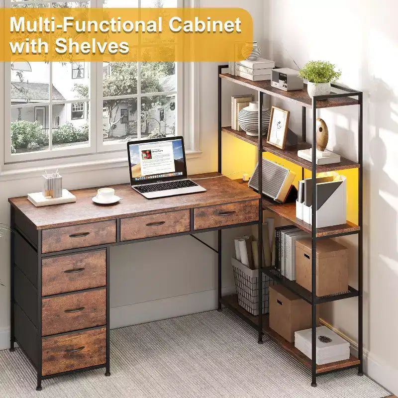 Garvee L-Shaped Desk with 6 Drawers, RGB Lights, Reversible Design, Built-in Power Strip, Ample Storage, Sturdy Metal Frame