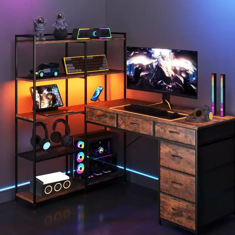Garvee L-Shaped Desk with 6 Drawers, RGB Lights, Reversible Design, Built-in Power Strip, Ample Storage, Sturdy Metal Frame