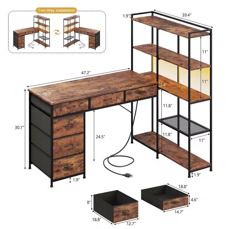 Garvee L-Shaped Desk with 6 Drawers, RGB Lights, Reversible Design, Built-in Power Strip, Ample Storage, Sturdy Metal Frame