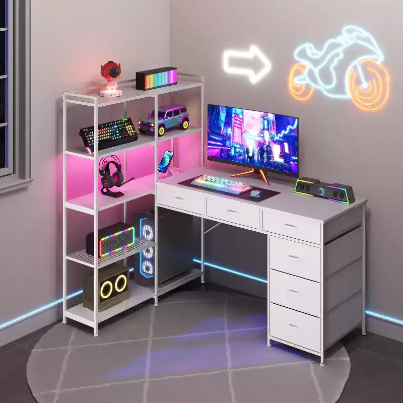 Garvee L-Shaped Desk with 6 Drawers, RGB Lights, Reversible Design, Built-in Power Strip, Ample Storage, Sturdy Metal Frame
