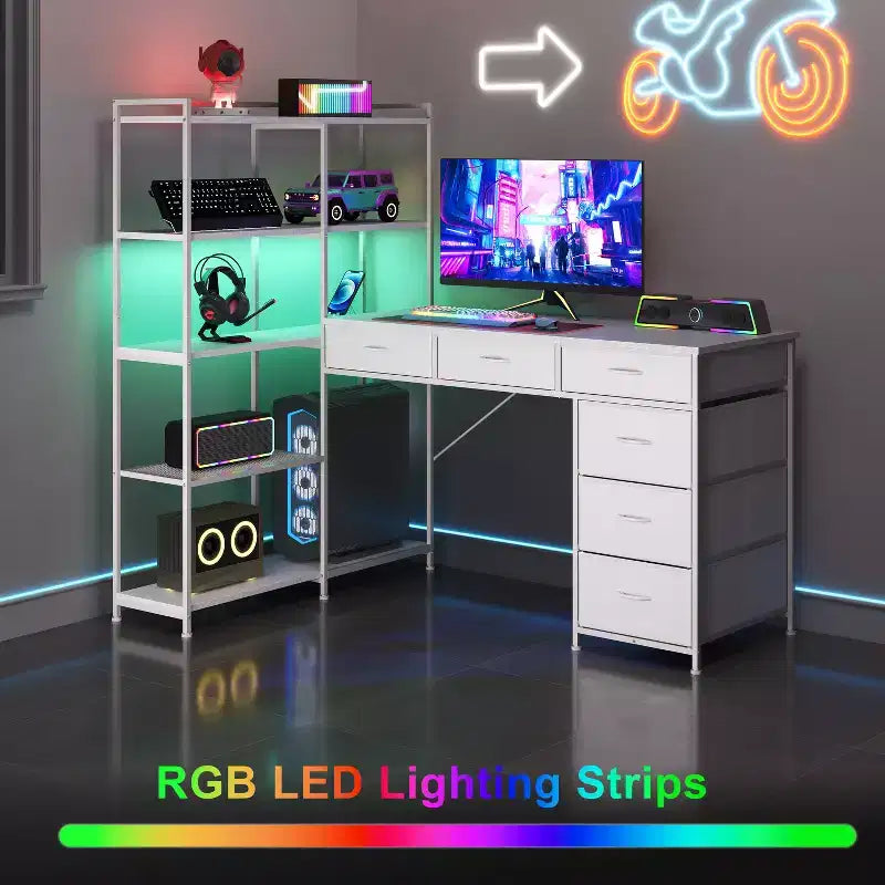 Garvee L-Shaped Desk with 6 Drawers, RGB Lights, Reversible Design, Built-in Power Strip, Ample Storage, Sturdy Metal Frame