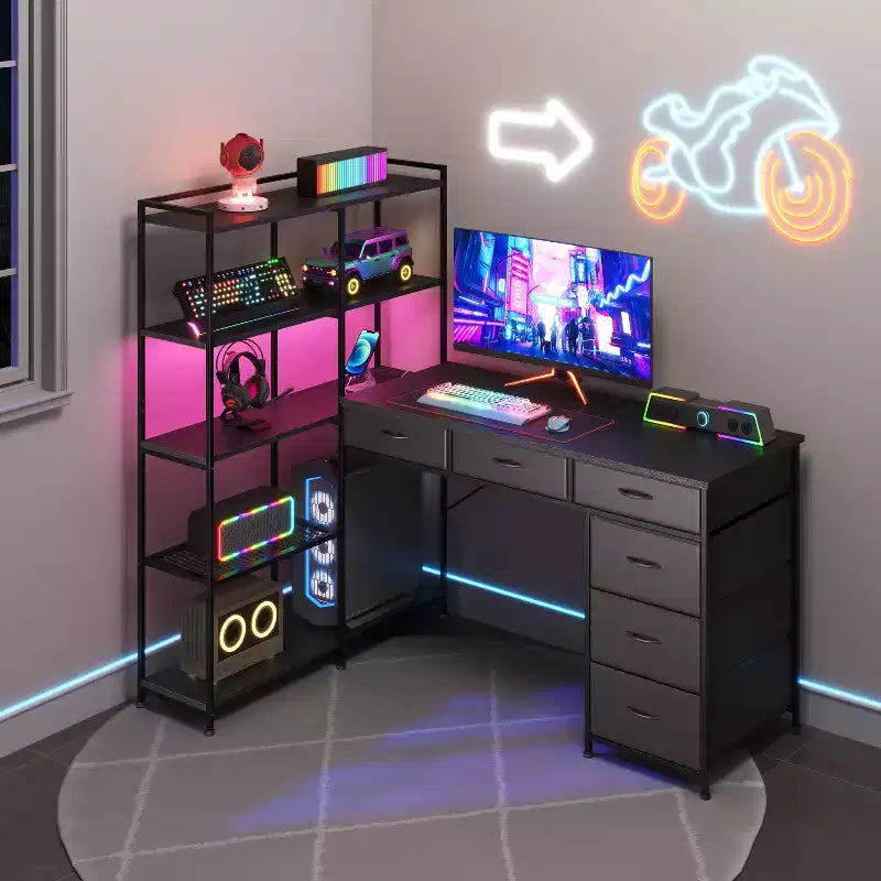 Garvee L-Shaped Desk with 6 Drawers, RGB Lights, Reversible Design, Built-in Power Strip, Ample Storage, Sturdy Metal Frame