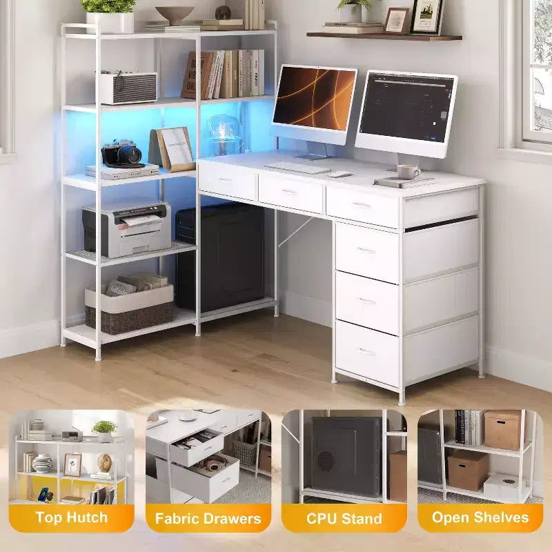 Garvee L-Shaped Desk with 6 Drawers, RGB Lights, Reversible Design, Built-in Power Strip, Ample Storage, Sturdy Metal Frame