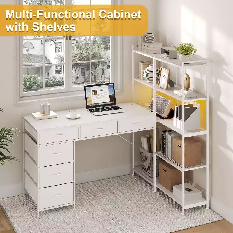 Garvee L-Shaped Desk with 6 Drawers, RGB Lights, Reversible Design, Built-in Power Strip, Ample Storage, Sturdy Metal Frame