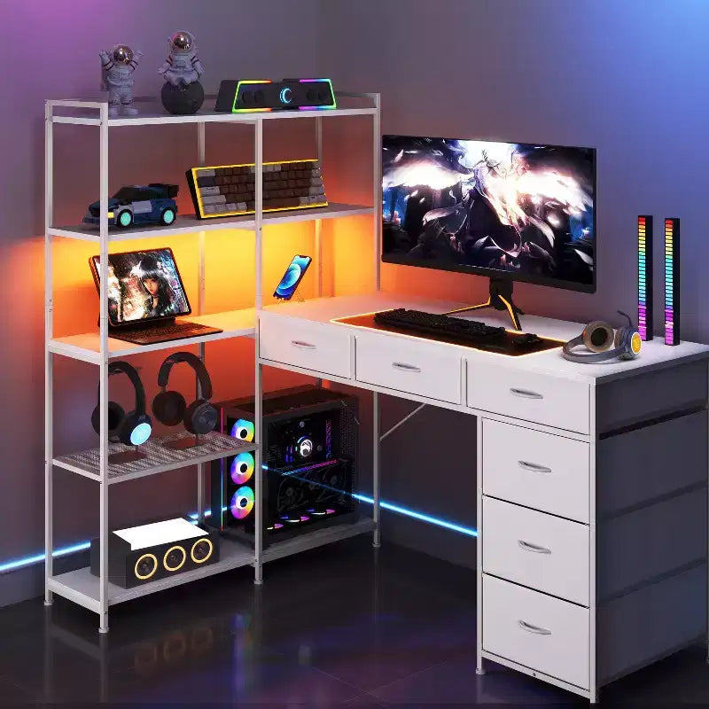 Garvee L-Shaped Desk with 6 Drawers, RGB Lights, Reversible Design, Built-in Power Strip, Ample Storage, Sturdy Metal Frame