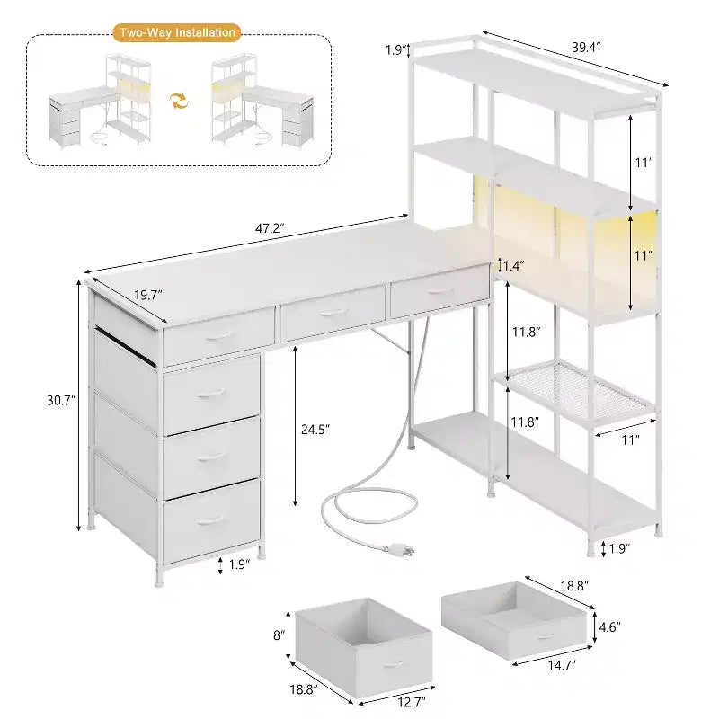 Garvee L-Shaped Desk with 6 Drawers, RGB Lights, Reversible Design, Built-in Power Strip, Ample Storage, Sturdy Metal Frame