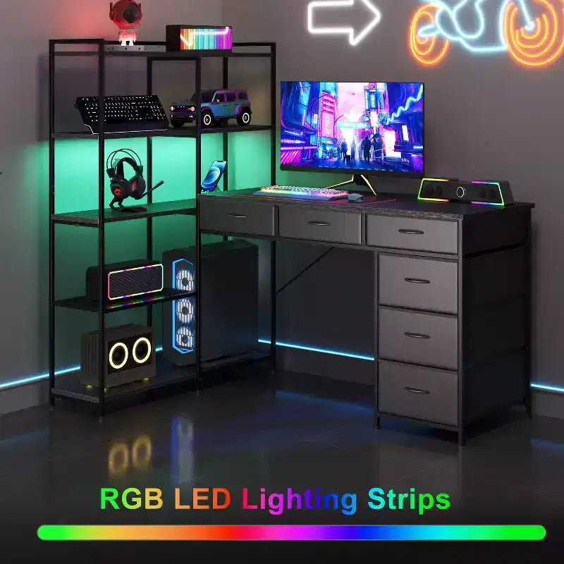 Garvee L-Shaped Desk with 6 Drawers, RGB Lights, Reversible Design, Built-in Power Strip, Ample Storage, Sturdy Metal Frame