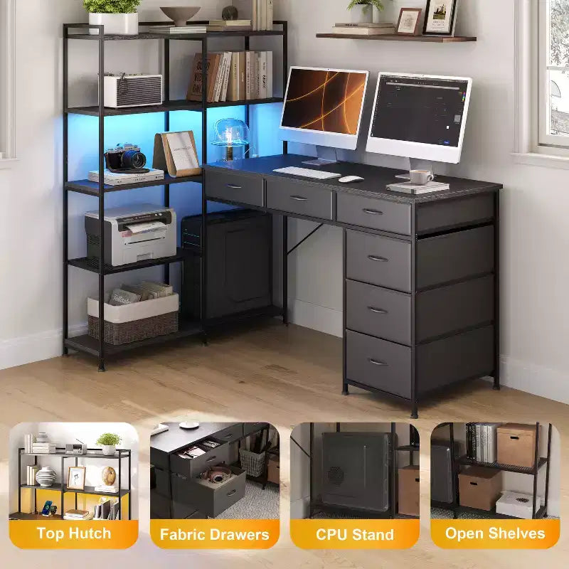 Garvee L-Shaped Desk with 6 Drawers, RGB Lights, Reversible Design, Built-in Power Strip, Ample Storage, Sturdy Metal Frame
