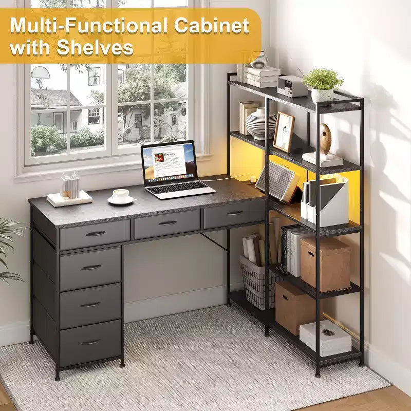 Garvee L-Shaped Desk with 6 Drawers, RGB Lights, Reversible Design, Built-in Power Strip, Ample Storage, Sturdy Metal Frame