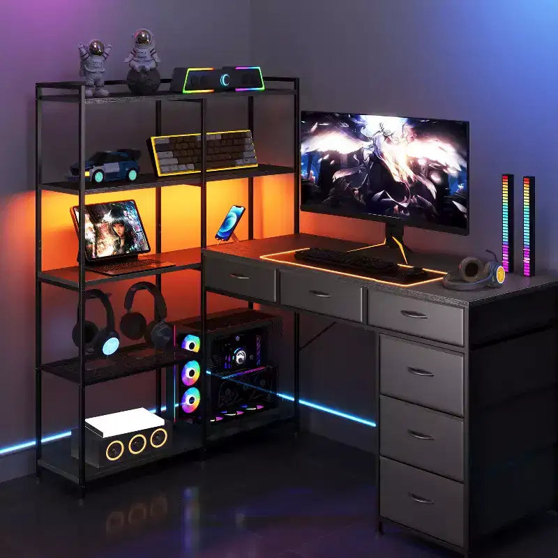 Garvee L-Shaped Desk with 6 Drawers, RGB Lights, Reversible Design, Built-in Power Strip, Ample Storage, Sturdy Metal Frame
