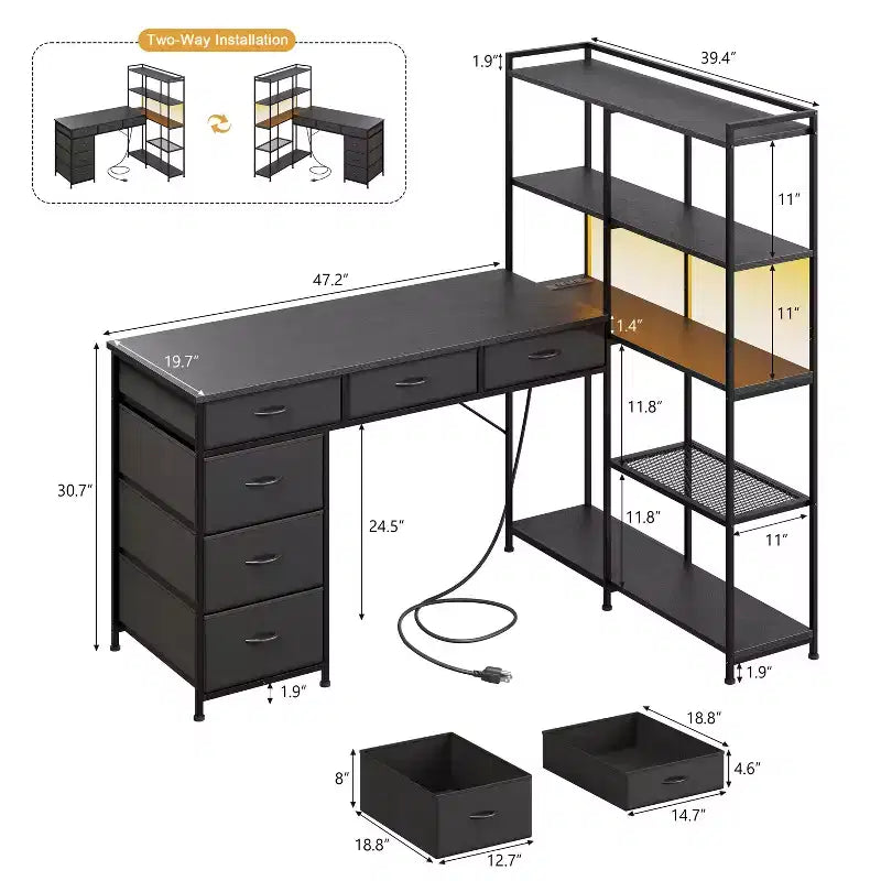 Garvee L-Shaped Desk with 6 Drawers, RGB Lights, Reversible Design, Built-in Power Strip, Ample Storage, Sturdy Metal Frame