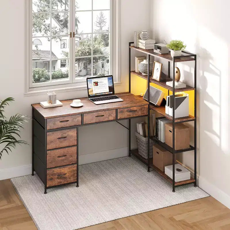 Garvee L-Shaped Desk with 6 Drawers, RGB Lights, Reversible Design, Built-in Power Strip, Ample Storage, Sturdy Metal Frame