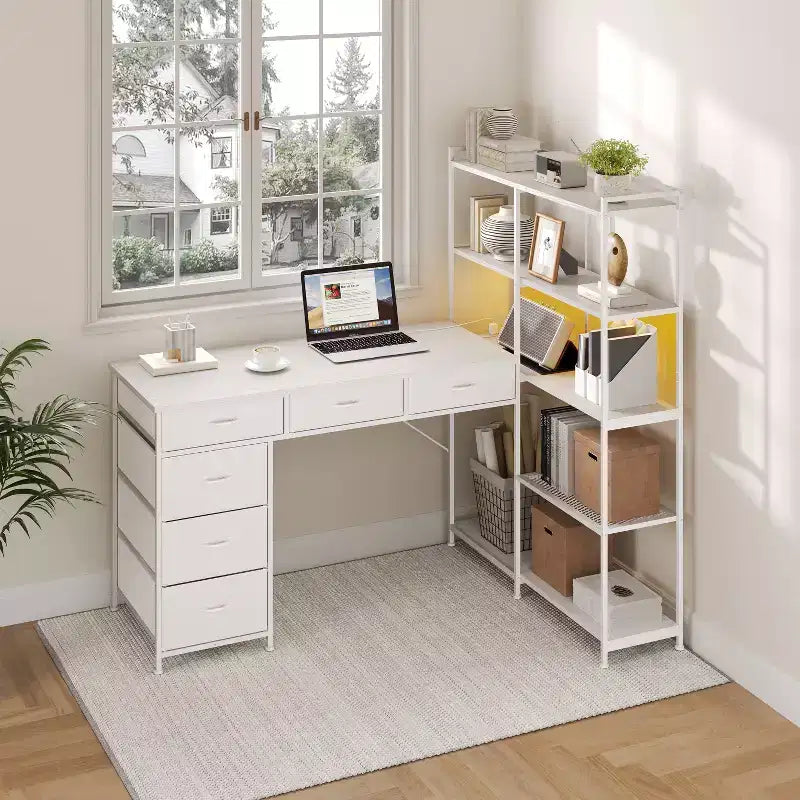 Garvee L-Shaped Desk with 6 Drawers, RGB Lights, Reversible Design, Built-in Power Strip, Ample Storage, Sturdy Metal Frame