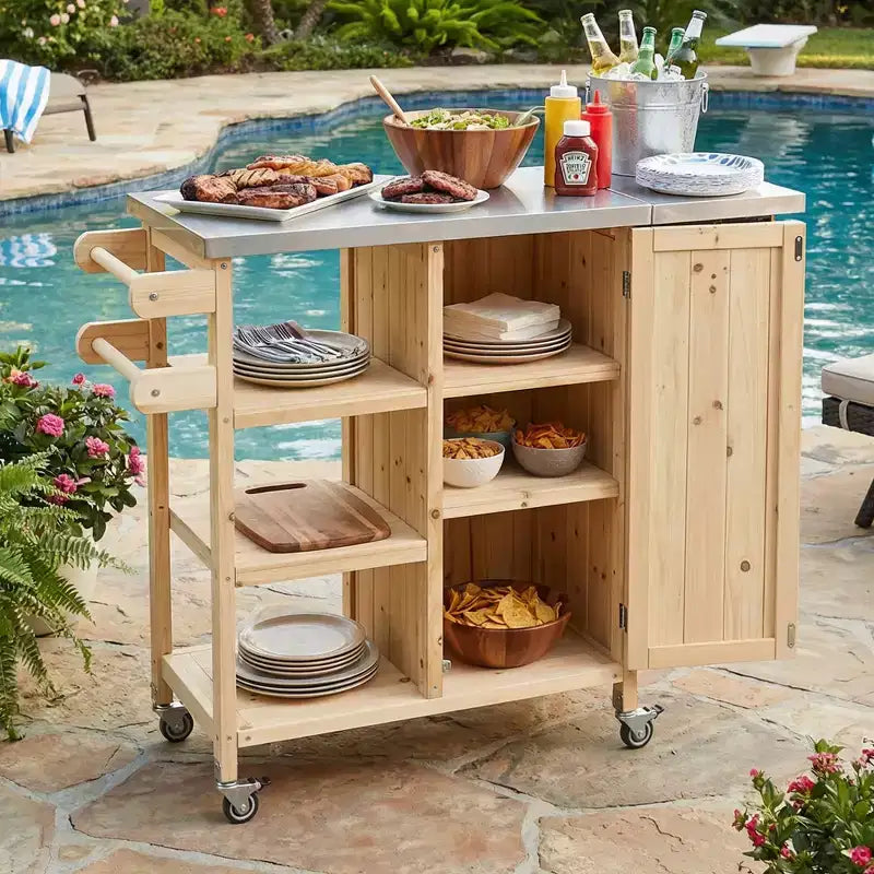 GDFStudio Mavis Foldable Outdoor Kitchen Island with Lockable Wheels