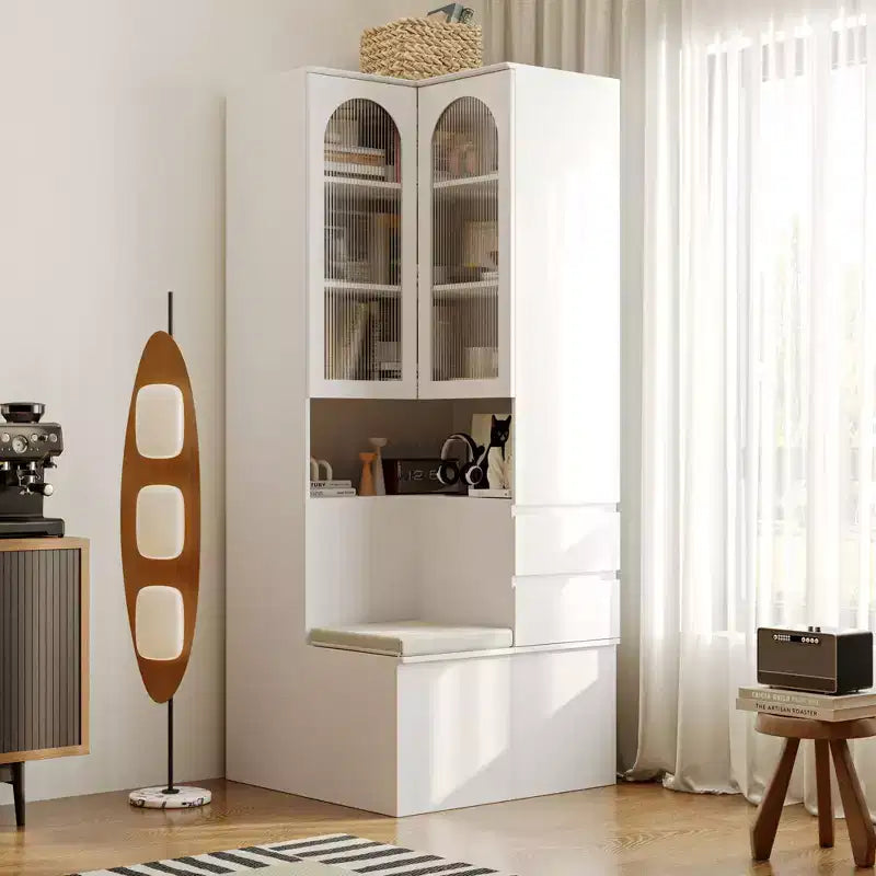 Hitow White Corner Cabinet with Seating Multi-Functional Corner Bookcase with Reeded Glass Doors for Living Room & Entryway