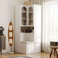 Hitow White Corner Cabinet with Seating Multi-Functional Corner Bookcase with Reeded Glass Doors for Living Room & Entryway