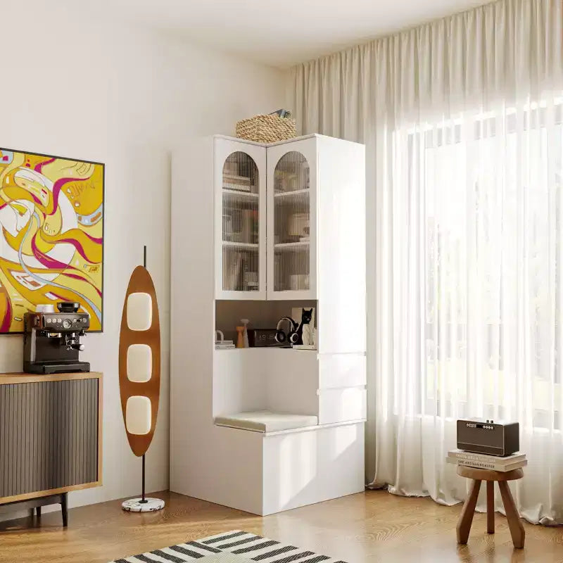 Hitow White Corner Cabinet with Seating Multi-Functional Corner Bookcase with Reeded Glass Doors for Living Room & Entryway