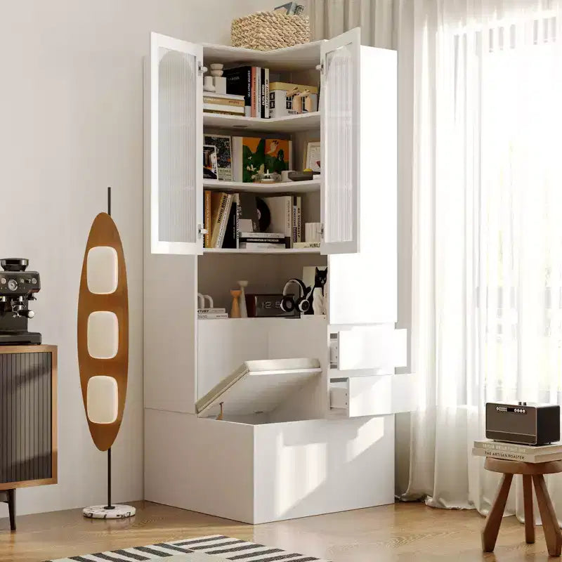 Hitow White Corner Cabinet with Seating Multi-Functional Corner Bookcase with Reeded Glass Doors for Living Room & Entryway