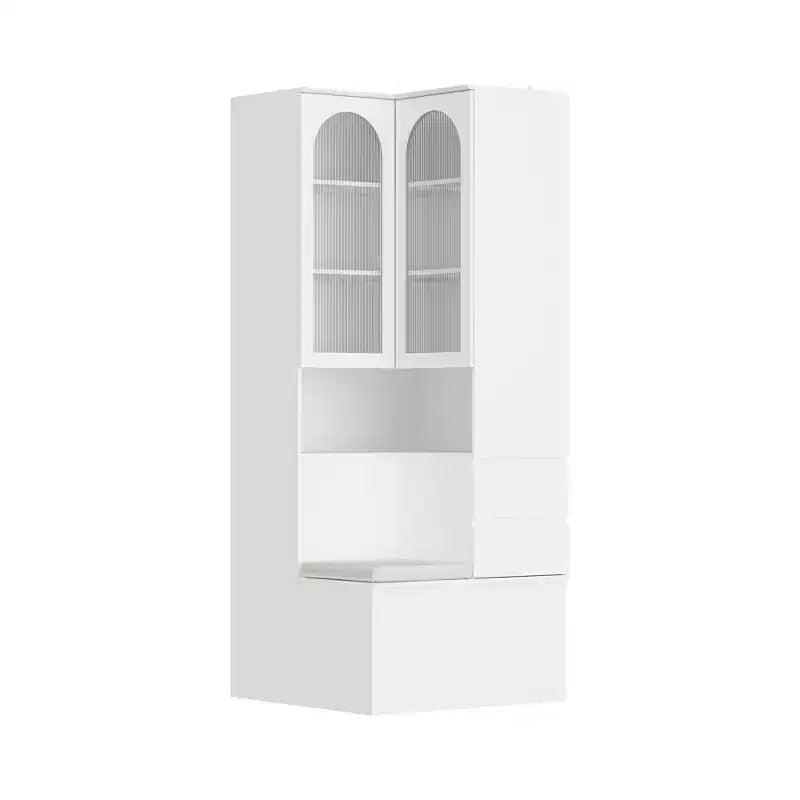 Hitow White Corner Cabinet with Seating Multi-Functional Corner Bookcase with Reeded Glass Doors for Living Room & Entryway