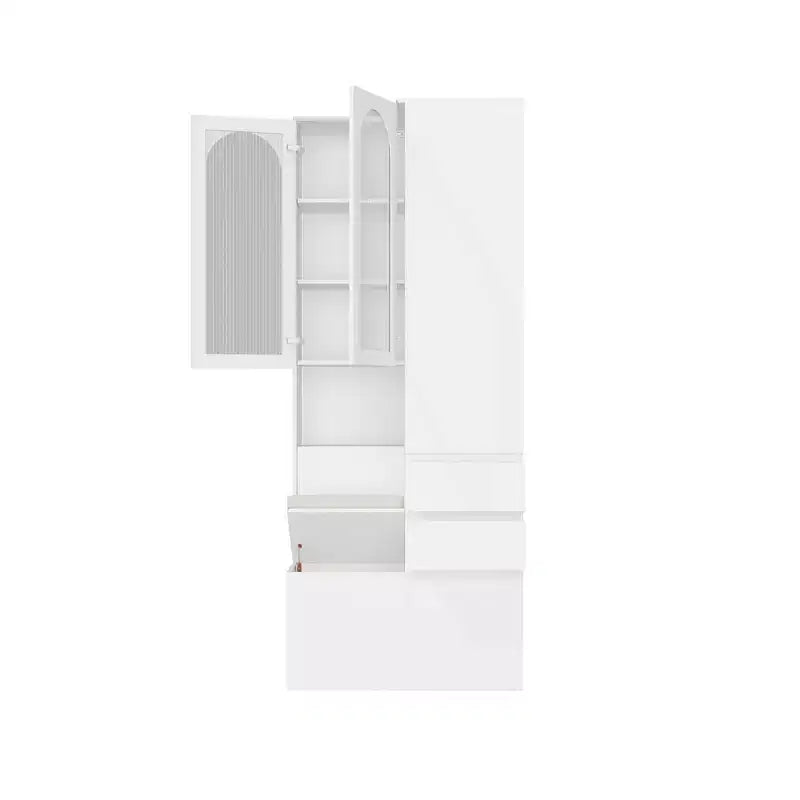 Hitow White Corner Cabinet with Seating Multi-Functional Corner Bookcase with Reeded Glass Doors for Living Room & Entryway