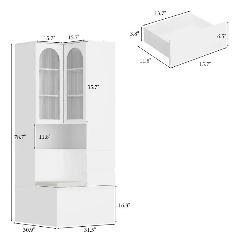 Hitow White Corner Cabinet with Seating Multi-Functional Corner Bookcase with Reeded Glass Doors for Living Room & Entryway