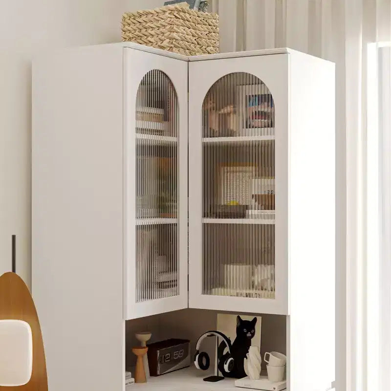 Hitow White Corner Cabinet with Seating Multi-Functional Corner Bookcase with Reeded Glass Doors for Living Room & Entryway