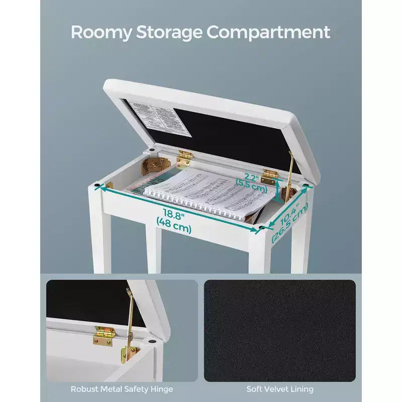 SONGMICS Piano Bench with Padded Cushion and Storage Compartment for Music Books, Vanity Stool, Tufted Wooden Piano Seat