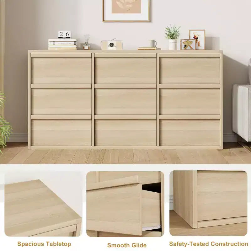 9 Drawer Dresser for Bedroom, 59 Wide 9 Chest of Drawer with Handle-free Design, Modern Dresser Organizer Closet for Living Room Nursery