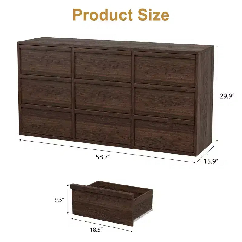 9 Drawer Dresser for Bedroom, 59 Wide 9 Chest of Drawer with Handle-free Design, Modern Dresser Organizer Closet for Living Room Nursery