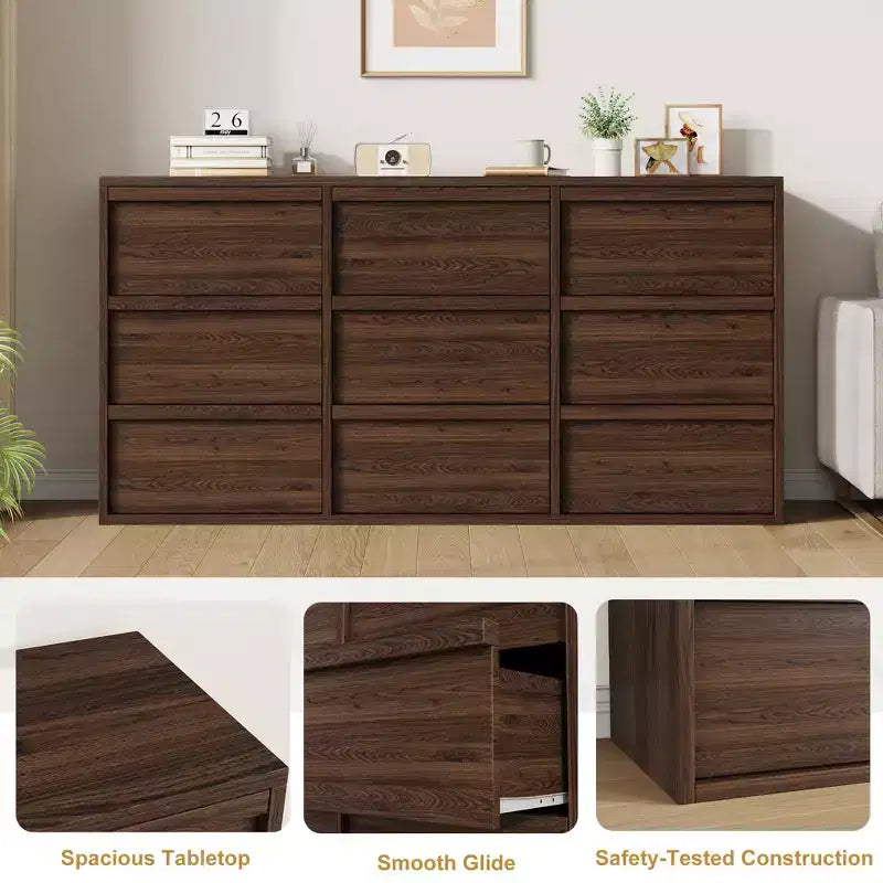 9 Drawer Dresser for Bedroom, 59 Wide 9 Chest of Drawer with Handle-free Design, Modern Dresser Organizer Closet for Living Room Nursery