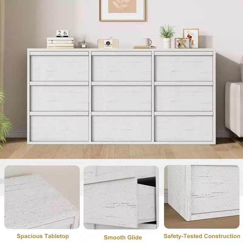9 Drawer Dresser for Bedroom, 59 Wide 9 Chest of Drawer with Handle-free Design, Modern Dresser Organizer Closet for Living Room Nursery
