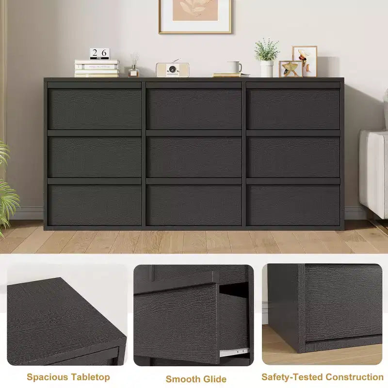 9 Drawer Dresser for Bedroom, 59 Wide 9 Chest of Drawer with Handle-free Design, Modern Dresser Organizer Closet for Living Room Nursery