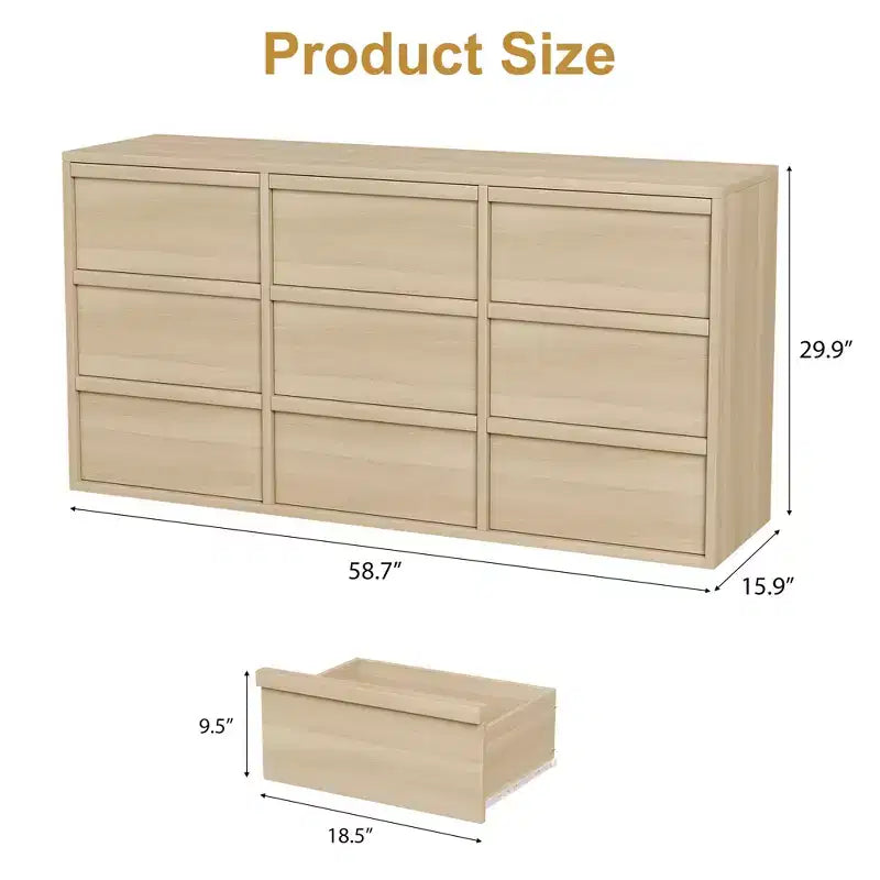 9 Drawer Dresser for Bedroom, 59 Wide 9 Chest of Drawer with Handle-free Design, Modern Dresser Organizer Closet for Living Room Nursery
