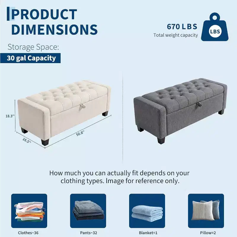 DobleePy 50.8 Inch Storage Ottoman Bench, Safety Slow-Close Hinge, Tufted Upholstered Bench for Bedroom Entryway Living Room