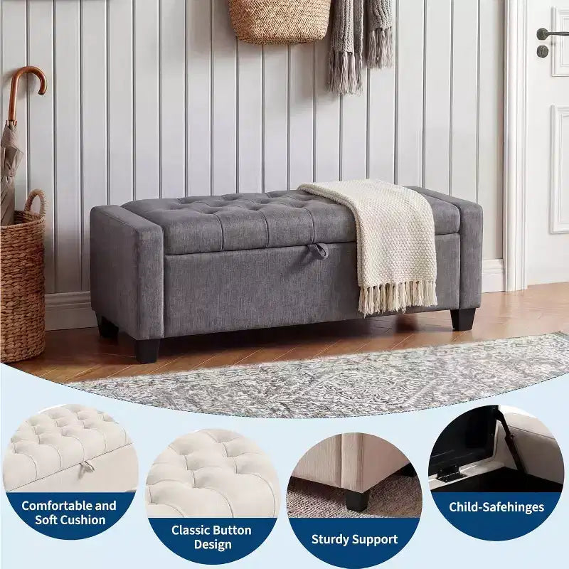 DobleePy 50.8 Inch Storage Ottoman Bench, Safety Slow-Close Hinge, Tufted Upholstered Bench for Bedroom Entryway Living Room