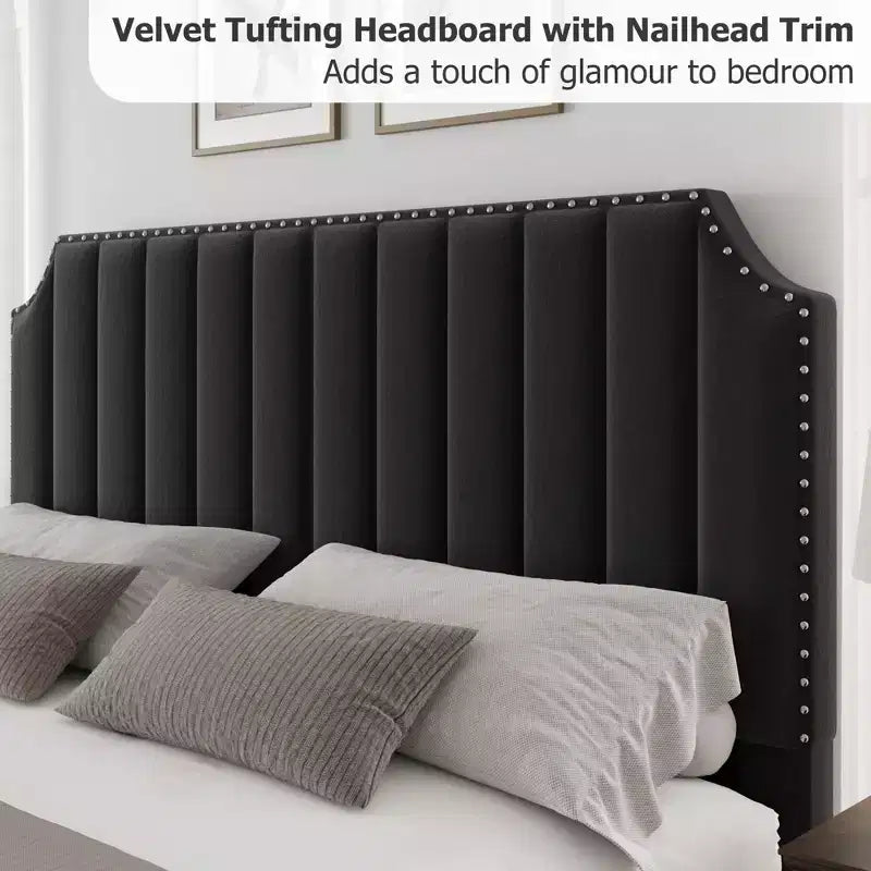 Queen Upholstered Platform Bed Frame with Headboard & Footboard, Wood Slats, No Box Spring Needed, Black Flannel/Light Gray